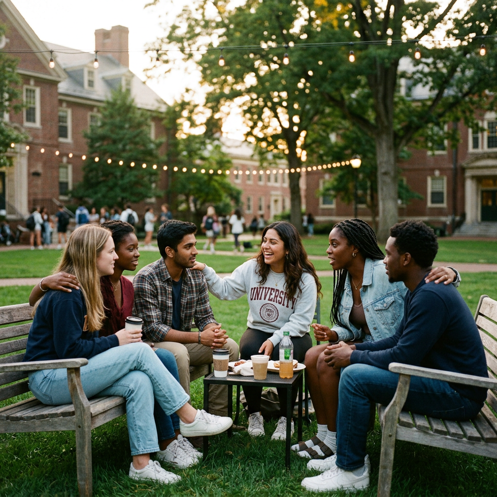 Six college students chatting on a campus lawn beneath string lights