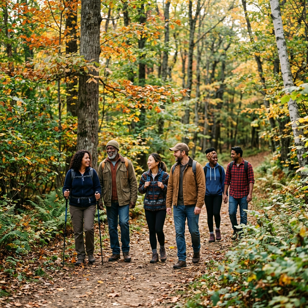 Five adults hiking together on a forest trail during autumn